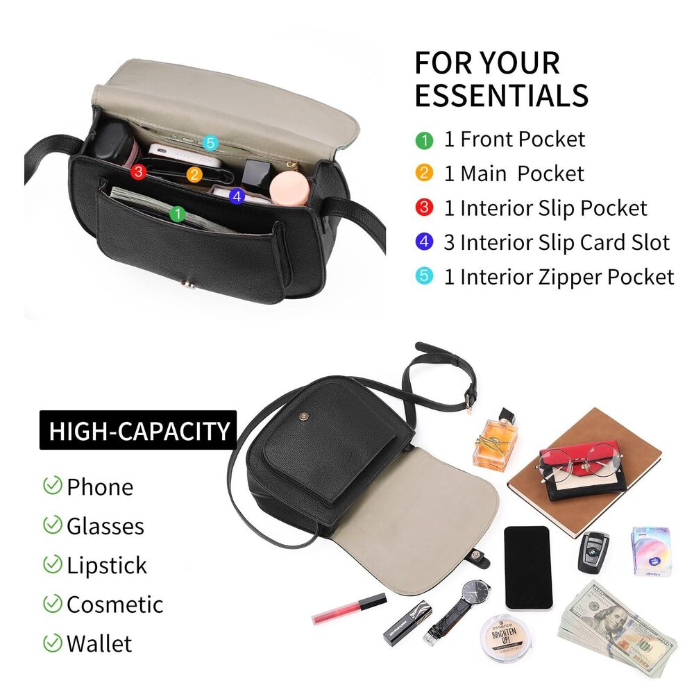 8175 Crossbody Bags Saddle Purse Cute Shoulder Handbag Pebble Leather Black - Picture 3 of 7